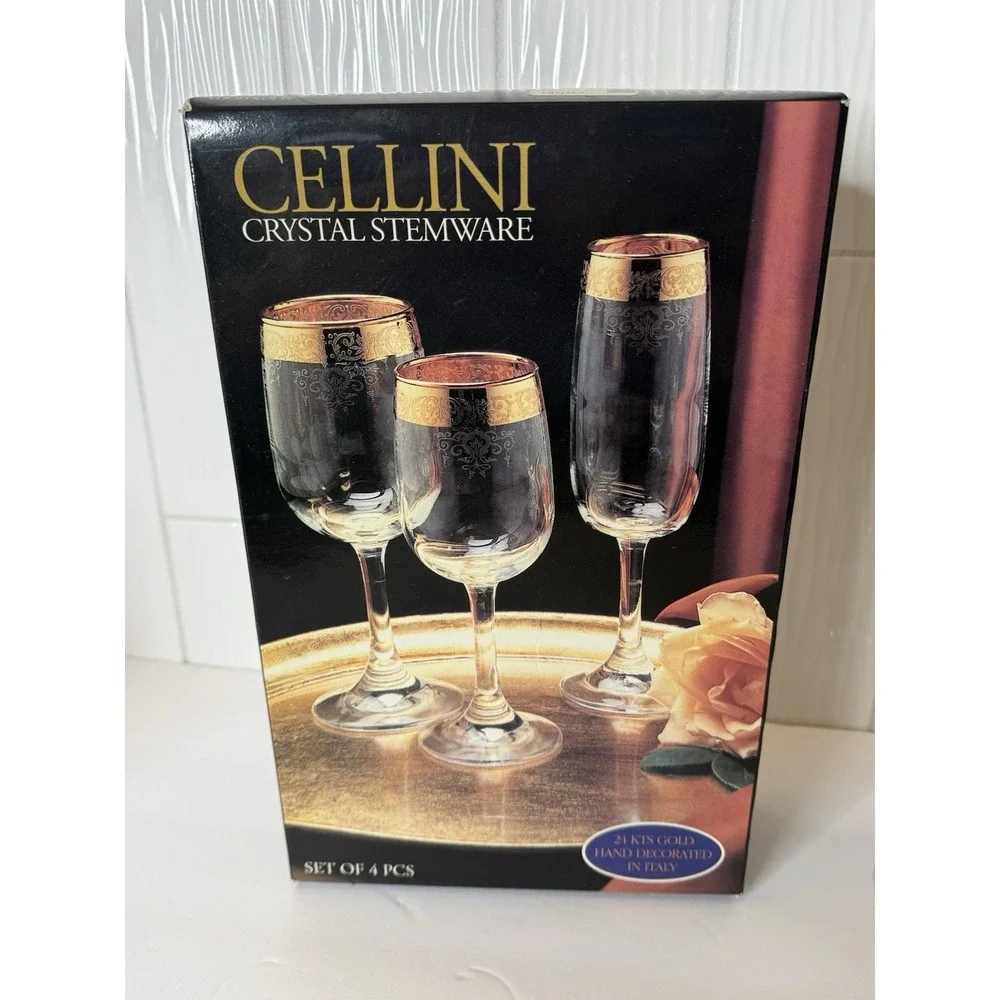 VTG Cellini Italian Crystal Champagne Flutes Wine Glass Gold Rim Set 4 Org Box